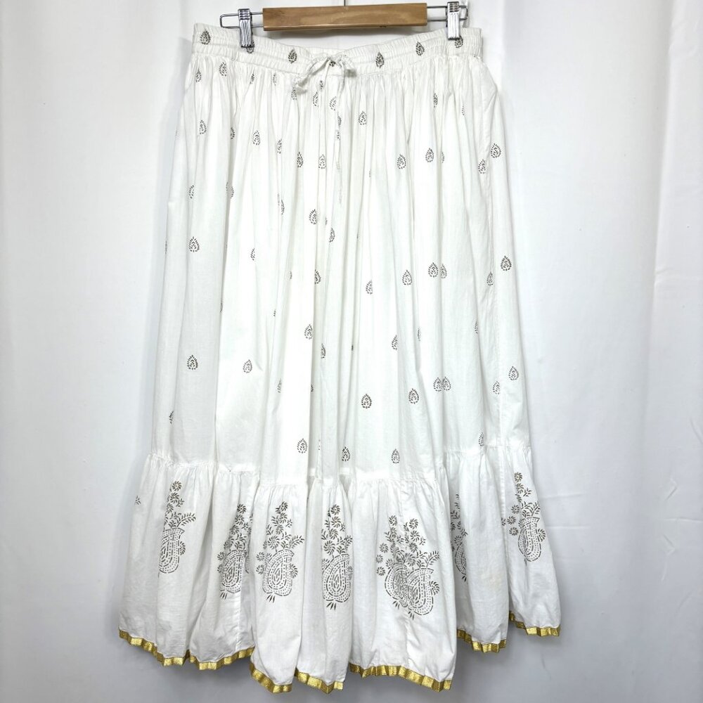 For the Republic White Gold Paisley 100% Cotton Gathered Midi Skirt sz XL - Picture 4 of 12
